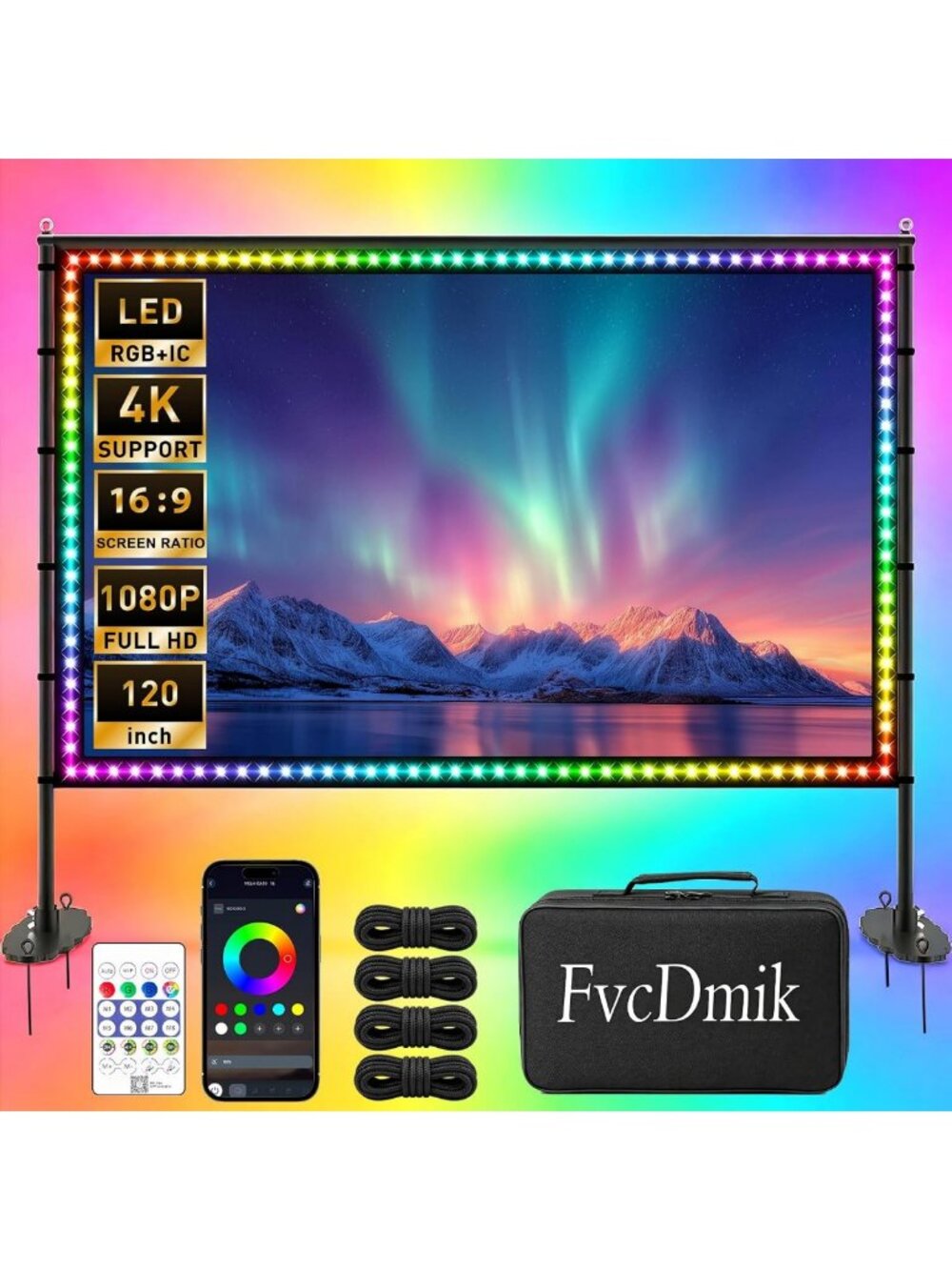 120" Outdoor Movie Screen with Stand, 4K Foldable Projector Screen for Camping